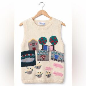 Vintage Deans Scotland Wool Sweater Vest Cottage Farm Scene Knit Medium